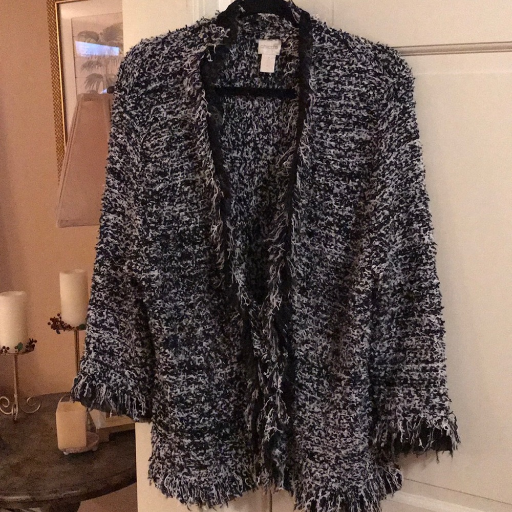 Chico’s Marled Fringe & Sheer Fabric Trim Jacket